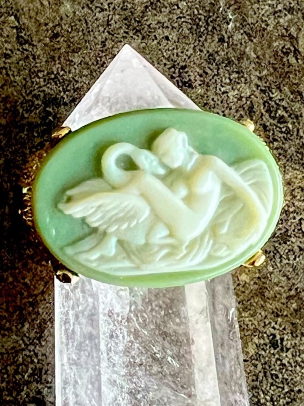 Leda and the Swan Jadeite Nude Cameo Ring by Whiting & Davis Tarnish Free MCM